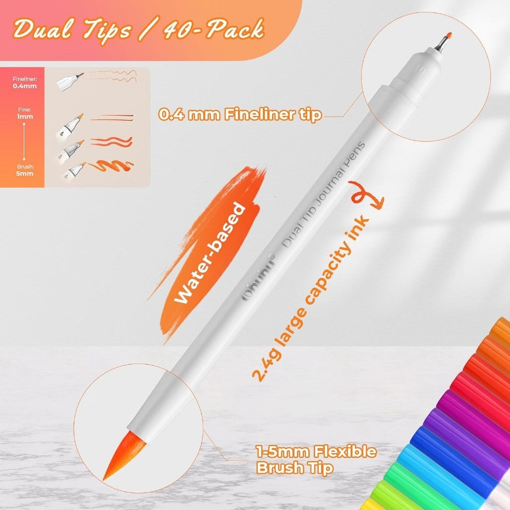 Ohuhu 40 Colors Dual Tip Brush & Fineliner Markers | Water-Based Journal Pens Set