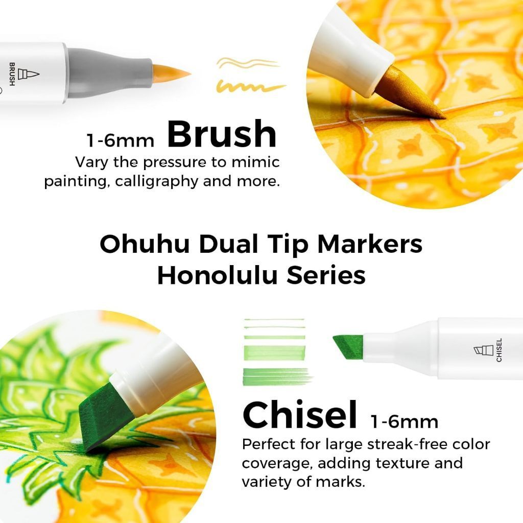 Ohuhu Honolulu Series 24 Alcohol Markers – Brush & Chisel Tip Dual-End Art Marker Set for Artists