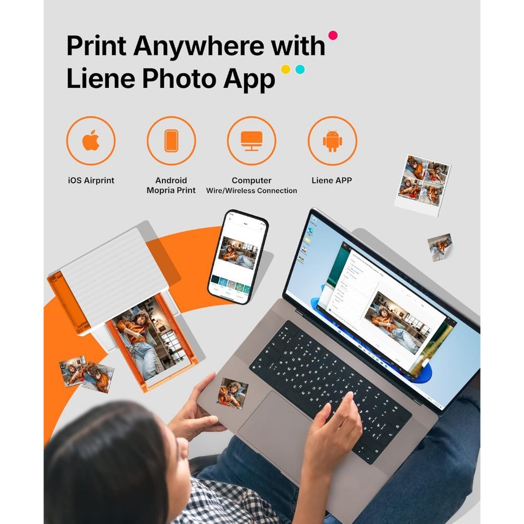 Liene Amber M110 Desktop Photo Printer Bundle | Bluetooth Connect | 80 Sheets Print Paper 2 Cartidges