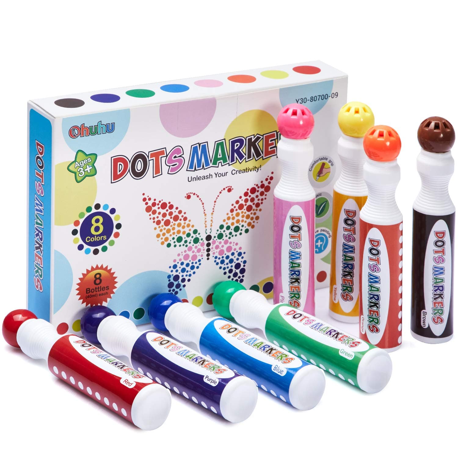 Ohuhu Dot Paint Markers Kit, 8 Colors (40 Ml, 1.41 Oz.) [Water-Based Non-Toxic]