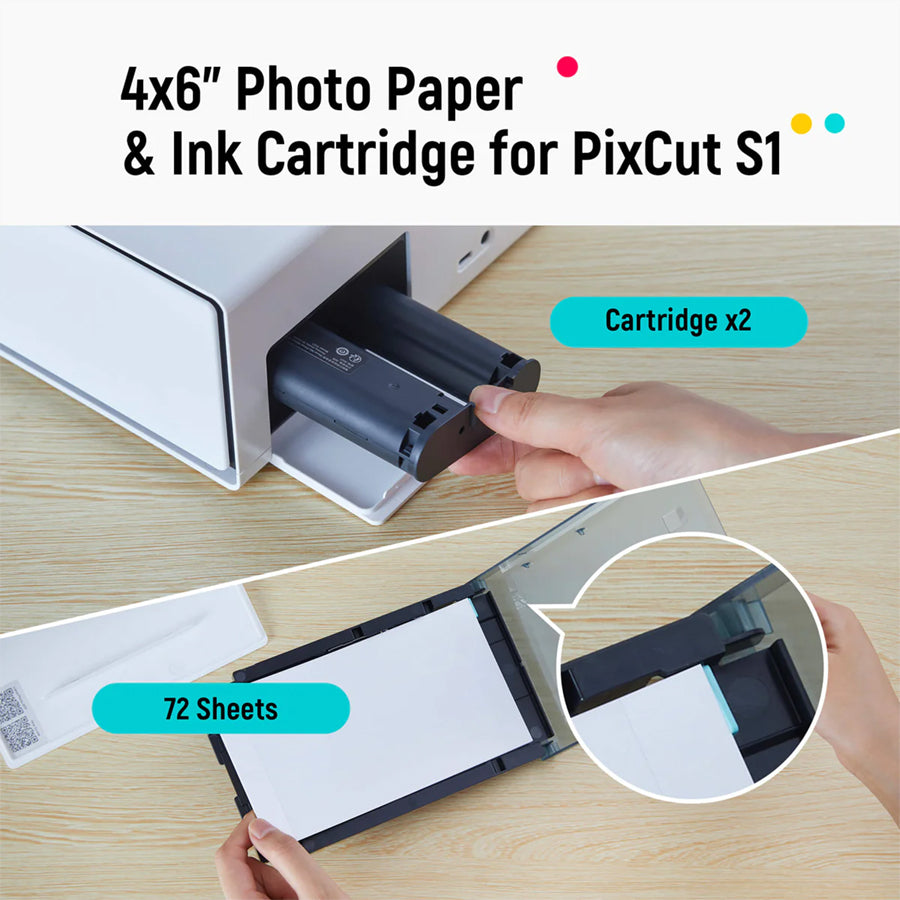 Isi Ulang Kertas Foto & Kartrid Tinta Liene PixCut S1 [72 Lembar] 4x6 Inci Tahan Air, Tahan Pudar