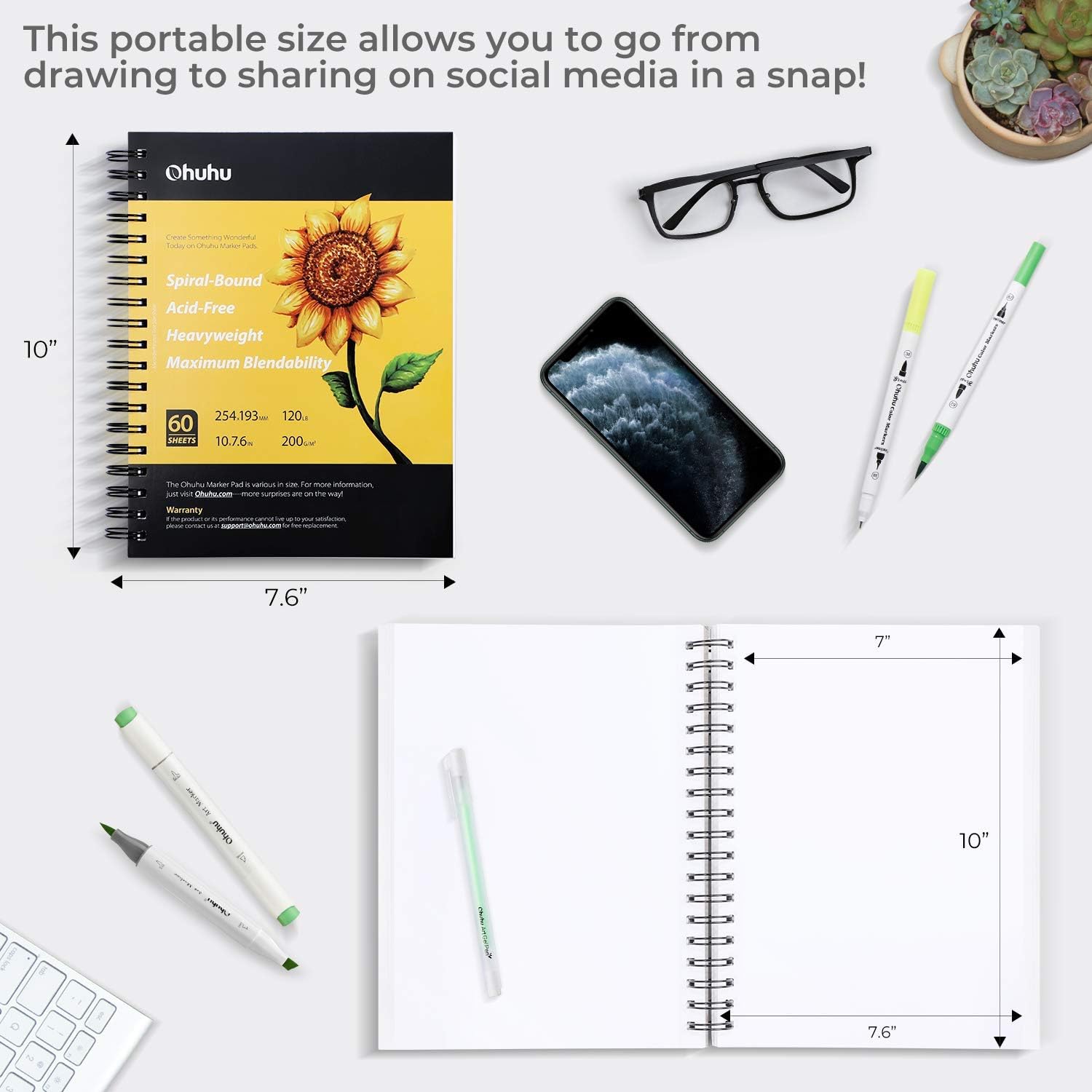 Ohuhu Alcohol Marker Pads Spiral Bound Sketchbook, 254 x 193 mm