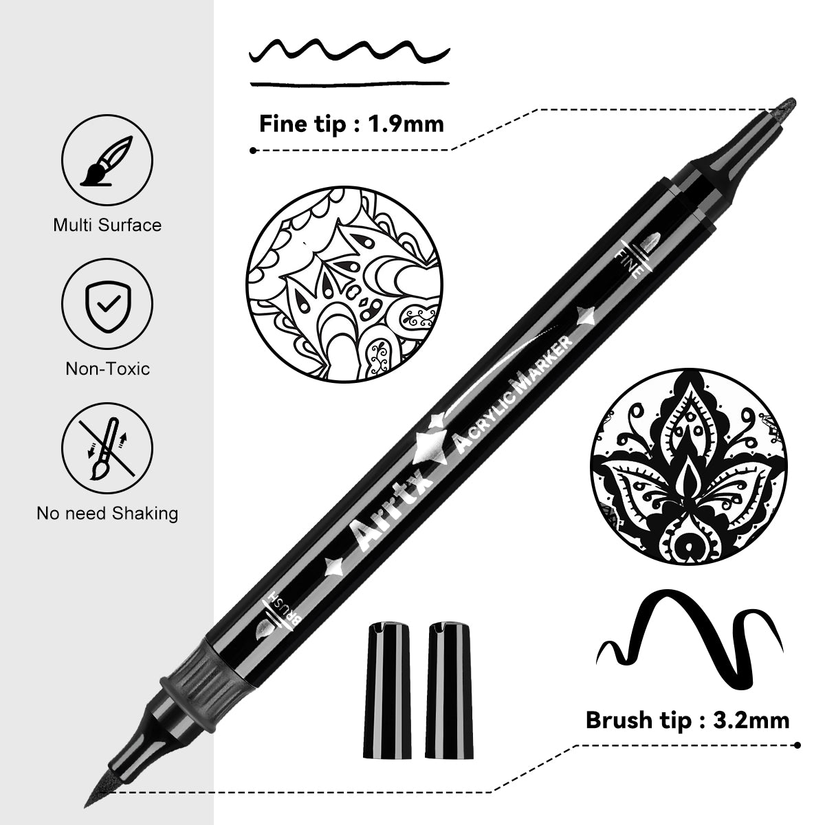 Arrtx 8 Black Acrylic Paint Markers Dual Tip