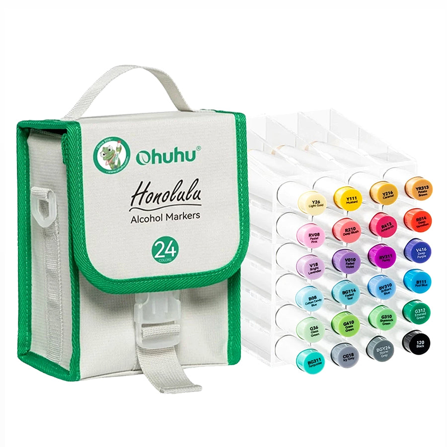 Ohuhu Honolulu Series 24 Alcohol Markers – Brush & Chisel Tip Dual-End Art Marker Set for Artists