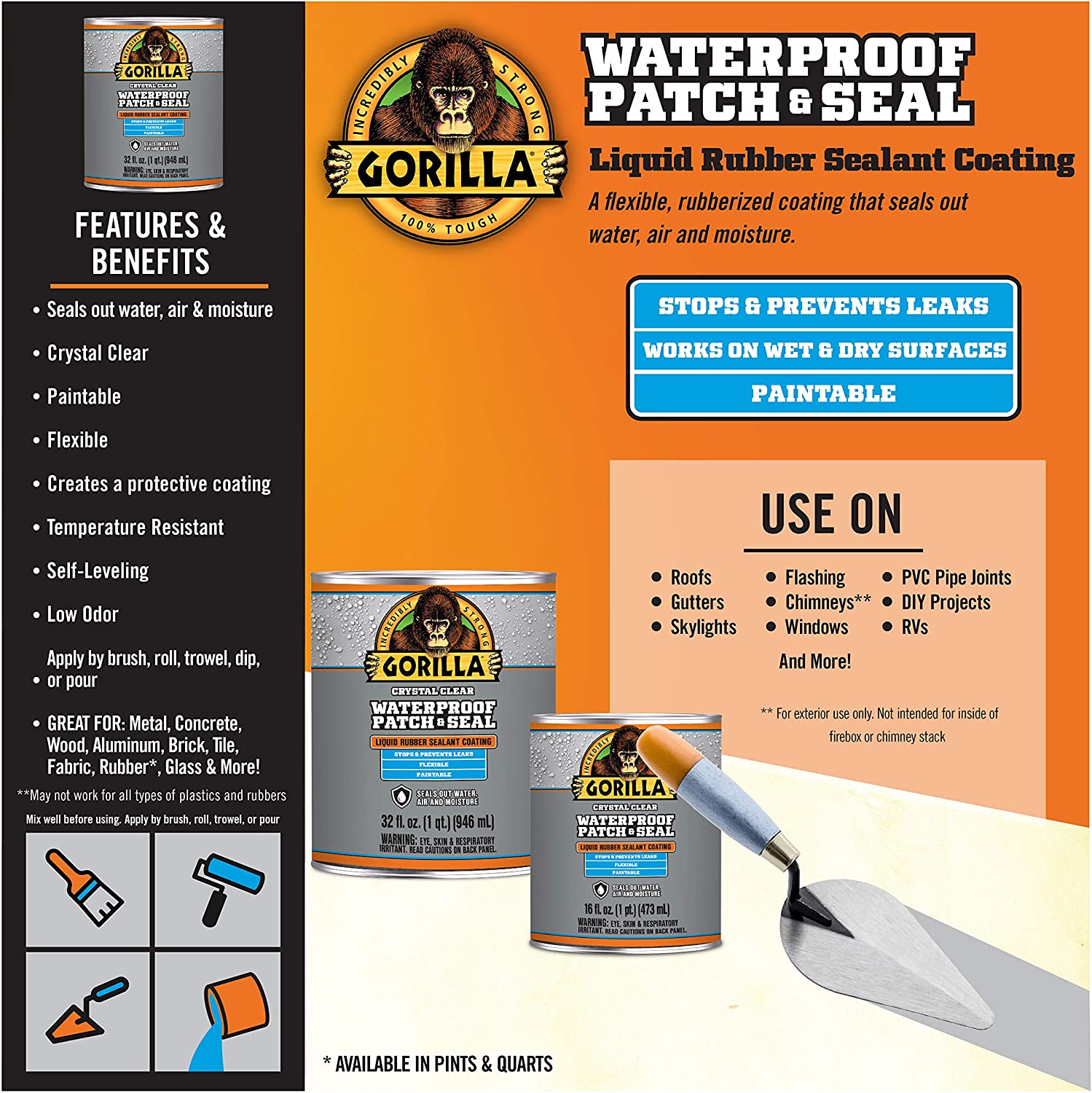 Gorilla Waterproof Patch and Seal Liquid 473/946ml [Clear/Black/White]