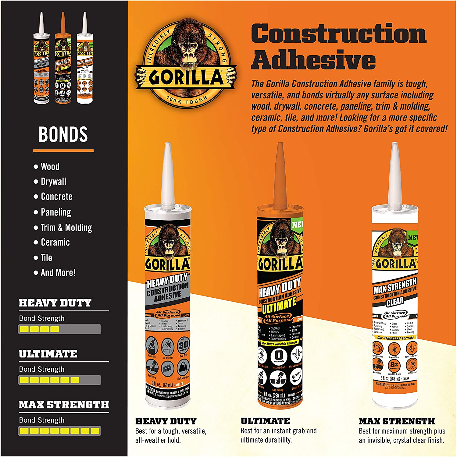 Gorilla Heavy Duty Regular/Ultimate Construction Adhesive, 9 oz/266ml White Cartridge