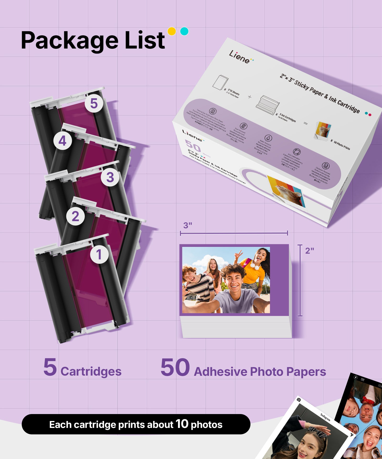 Liene Pearl N200 Pro Refill Pack 2x3" Dye-Sublimation Photo Paper 50 Sheets 5 Cartidges