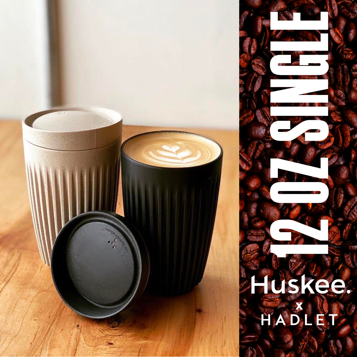 Huskee Coffee Cup + Lid Charcoal/Natural [360ml/12oz] Eco-Friendly Non Toxic
