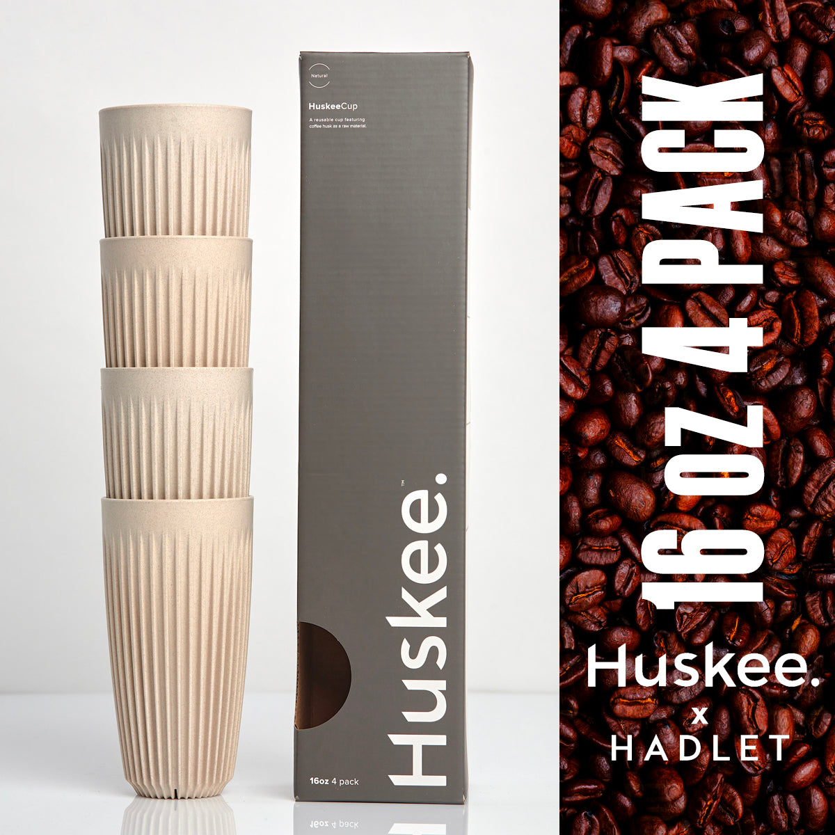 Huskee Coffee Cups Pack of 4 [16oz/473ml] (Charcoal/Natural)