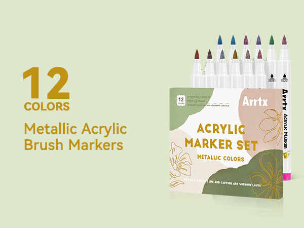 Arrtx 12 Metallic Colors Acrylic Marker Soft Brush Tip