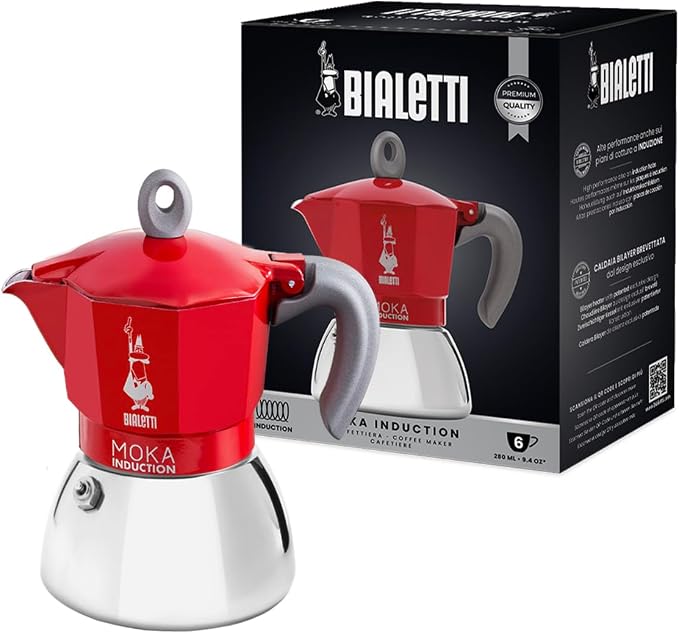 Bialetti Moka Induction Stovetop Coffee Maker, 2/4/6 Cups – Red/Black