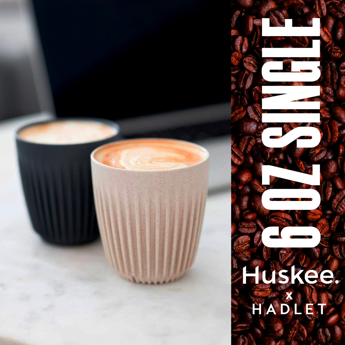 Huskee Coffee Cup + Lid Charcoal/Natural [180ml/6oz] Eco-Friendly Non Toxic