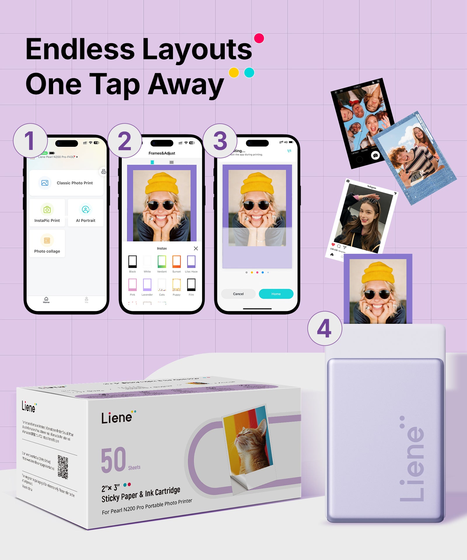 Liene Pearl N200 Pro Refill Pack 2x3" Dye-Sublimation Photo Paper 50 Sheets 5 Cartidges