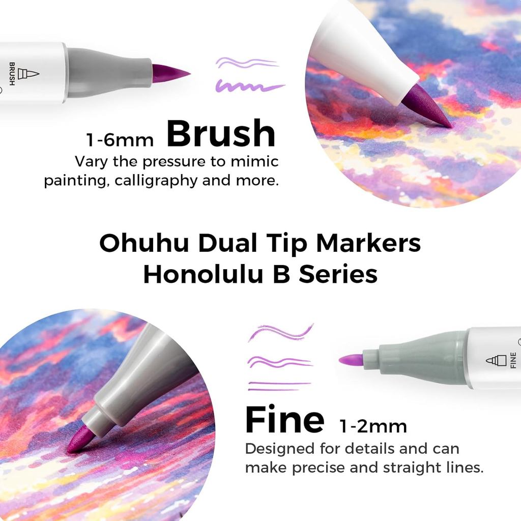 Ohuhu Honolulu B Series Alcohol Markers – Brush & Fine Tip Dual-End Art Marker Set for Artists