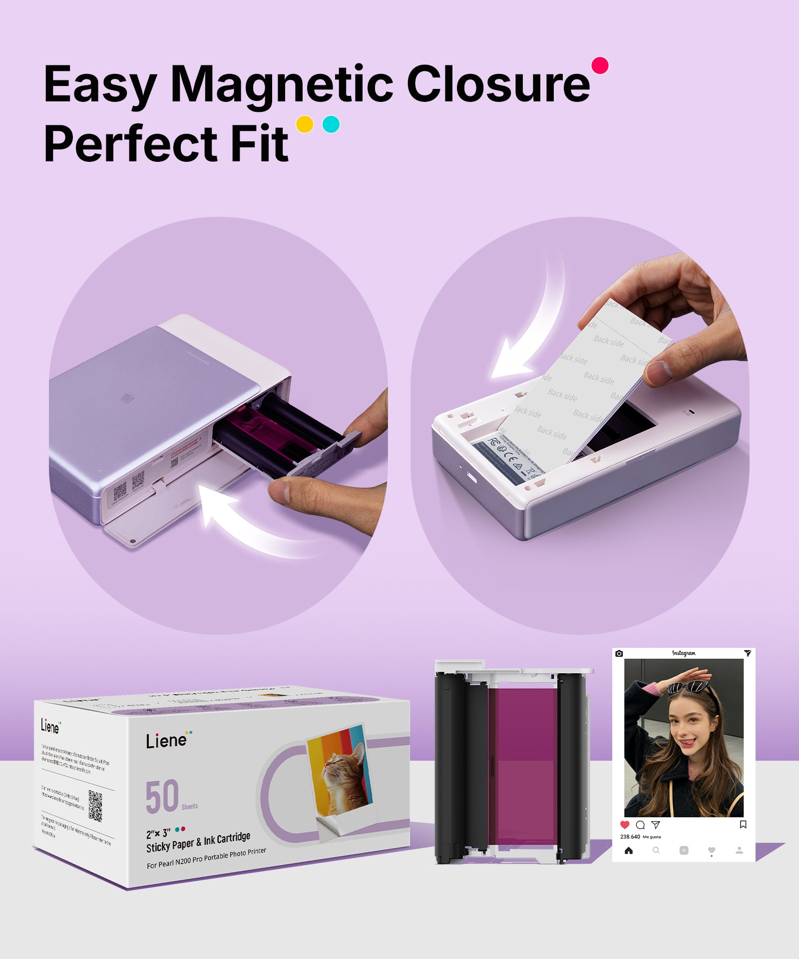 Liene Pearl N200 Pro Refill Pack 2x3" Dye-Sublimation Photo Paper 50 Sheets 5 Cartidges