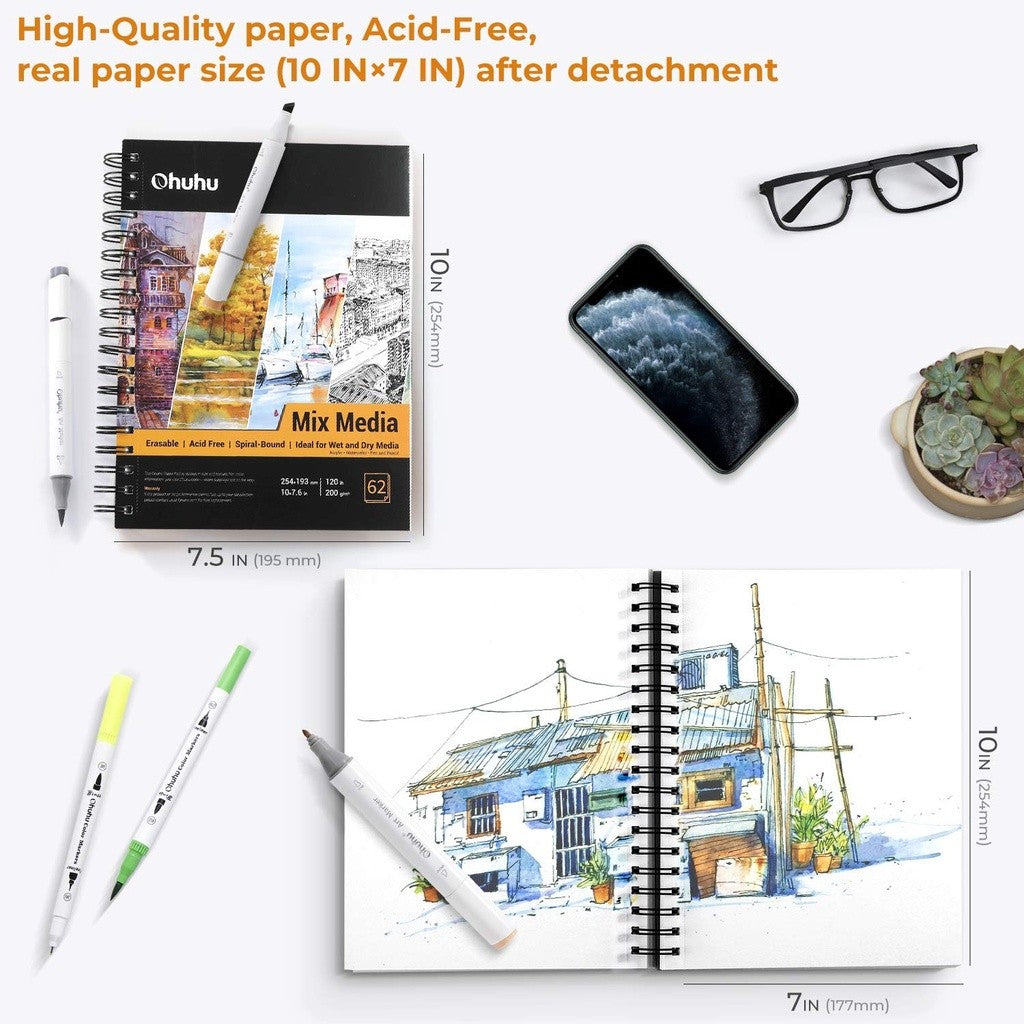 Ohuhu Mixed Media Art Sketchbook 120 LB/200 GSM Heavyweight 124 Pages