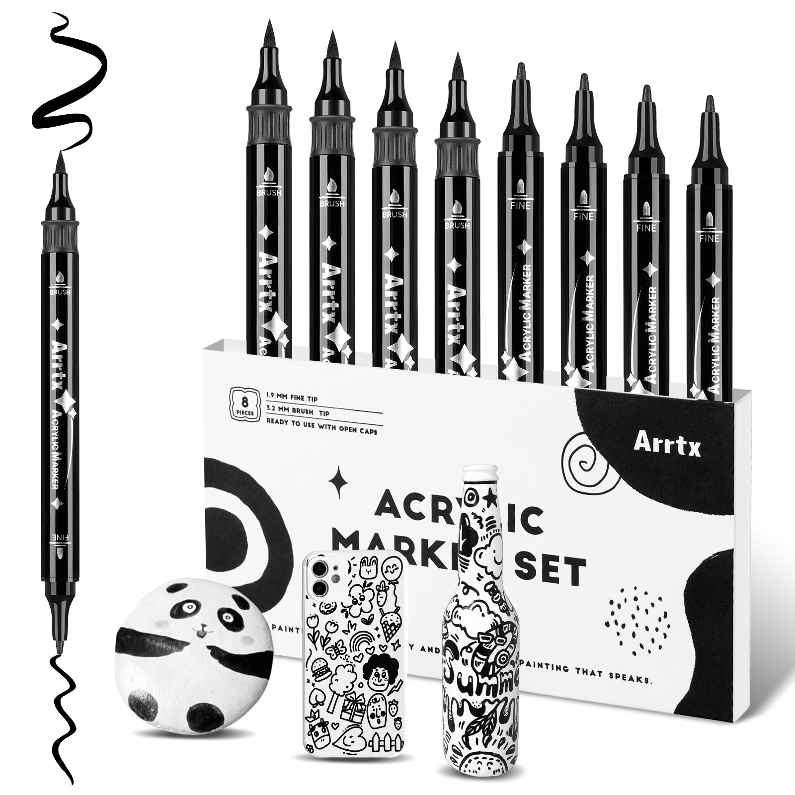 Arrtx 8 Black Acrylic Paint Markers Dual Tip