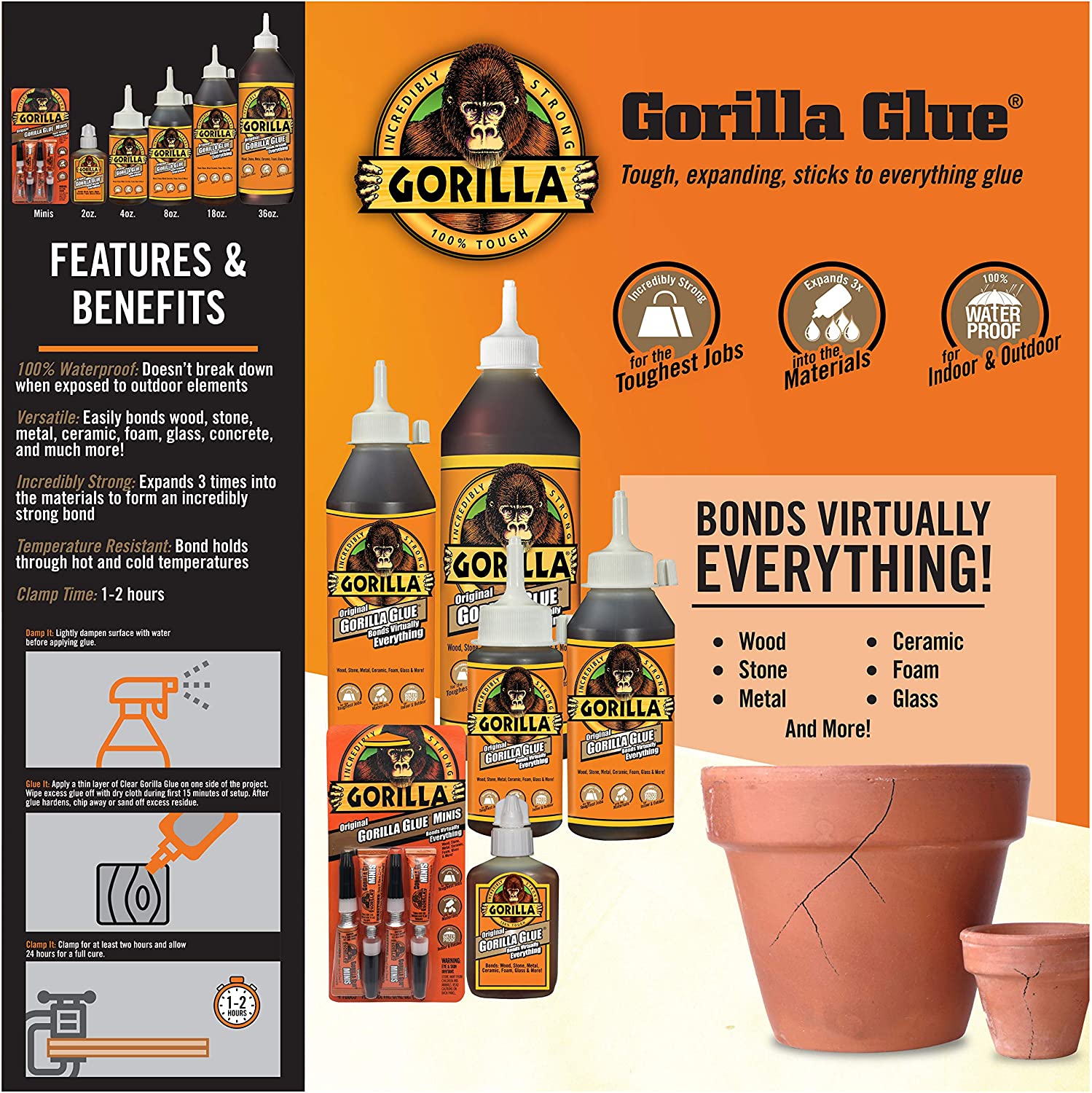 Gorilla Original Glue, Waterproof Polyurethane [2/4/8 Oz]