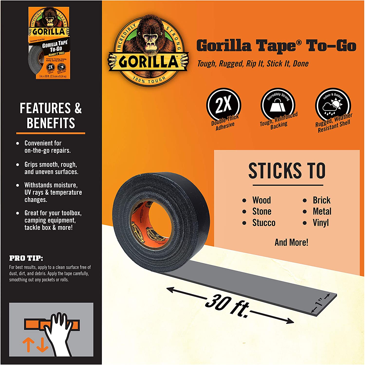 Gorilla Tape to Go Handy Roll, 1-Pack, Black
