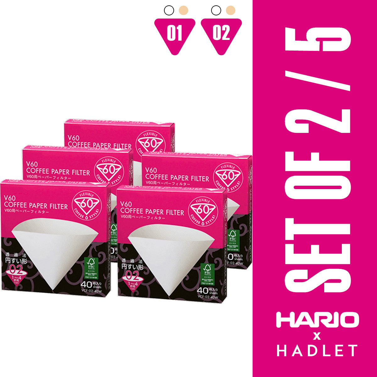 Hario Coffee Filter Paper V60 White 01/02 40 Count [Set of 2/5]