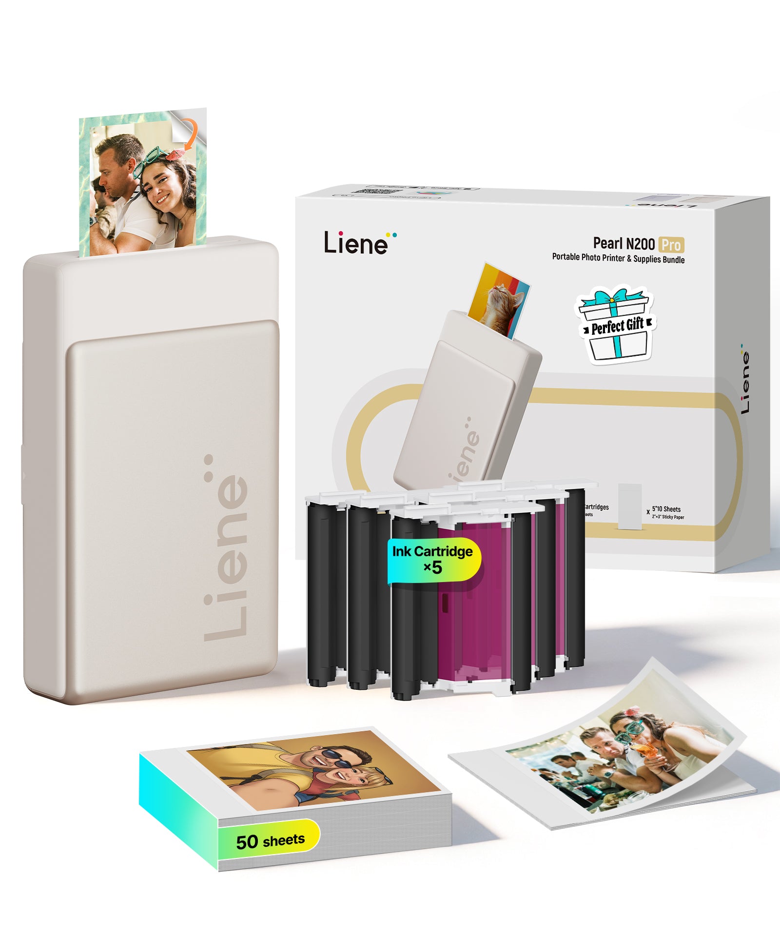 Liene Pearl N200 Pro Portable Photo Printer Gold – 2x3 Inch Bluetooth Sticker Printer 50 Adhesives