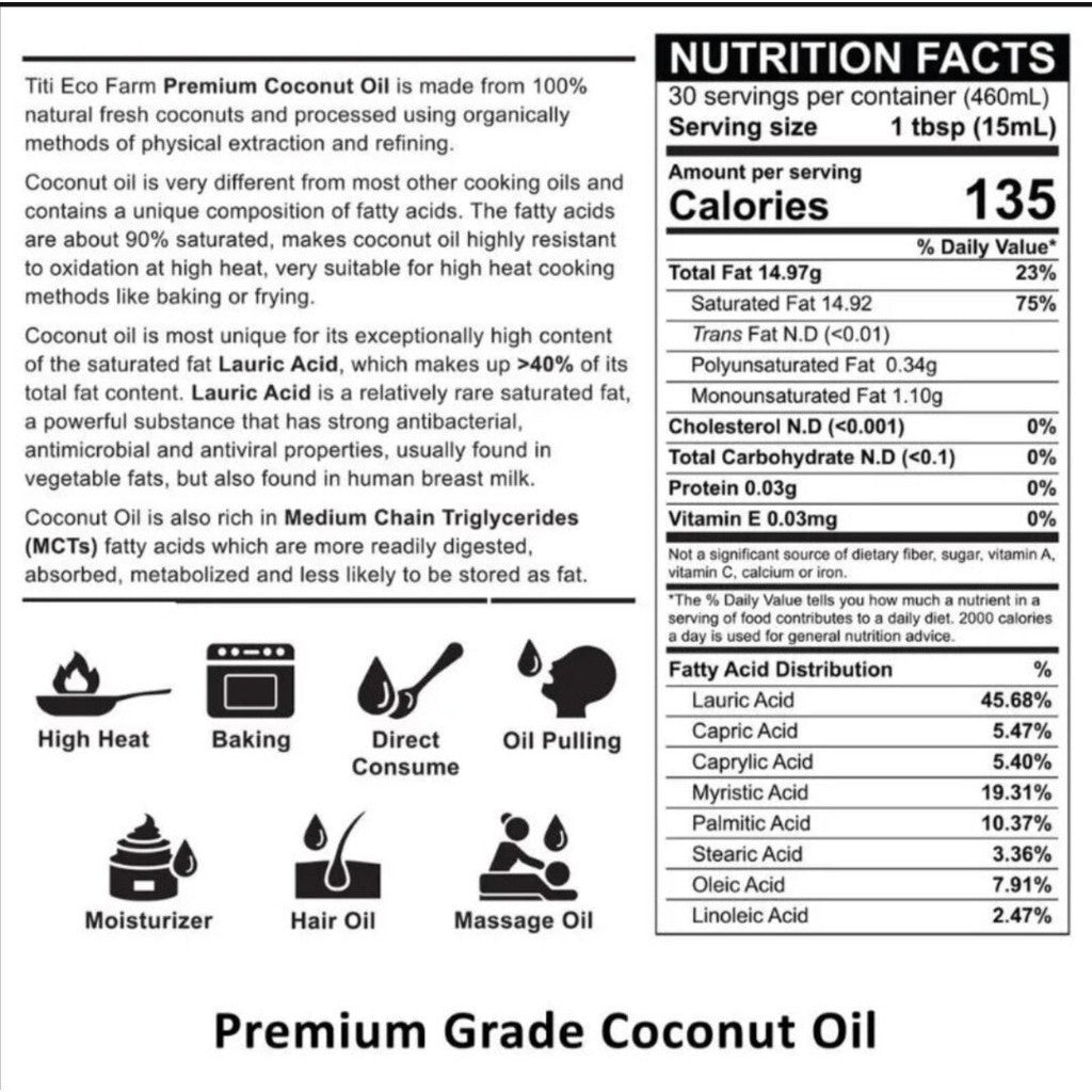 Premium Coconut Oil Colorless and Odourless by Titi Eco farm [460g]