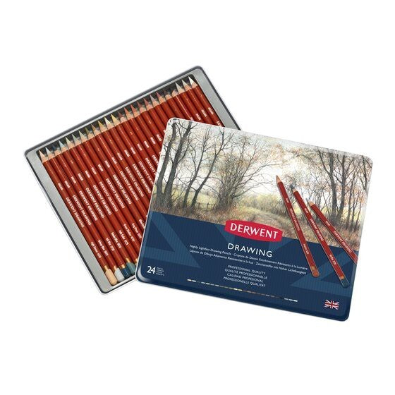 Derwent Drawing Colour Pencils Tin (24 Colours) – Soft Core, Earthy Tones