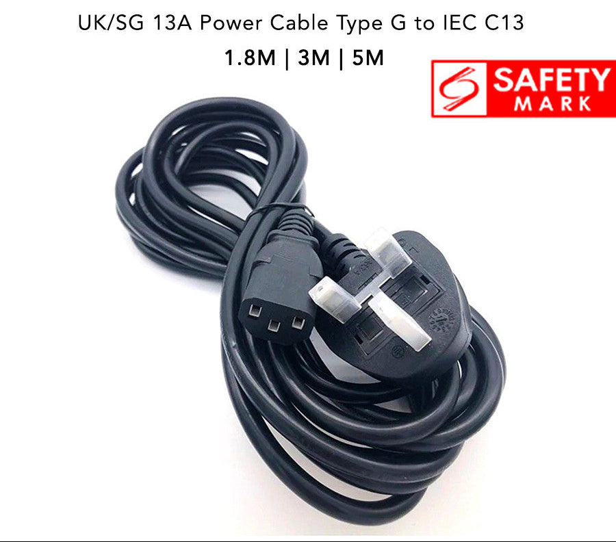 UK/SG 13A Power Cable Type G to IEC C13 – 1.8M / 3M / 5M 3250W Power Cord for PC, Monitor, Printer