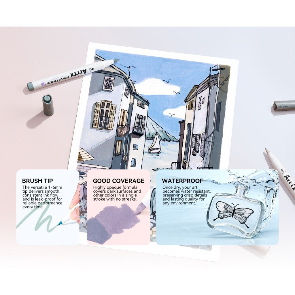 Arrtx 30E Colors Acrylic Brush Paint Pens Greyscale Colors