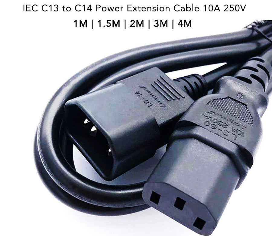 C13 to C14 Power Extension Cable 10A 250V – [1–4Meters] IEC Cord for PC, Monitor