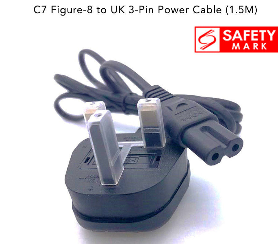 C7 Figure 8 Power Cable 1.5M UK/SG 3 Pin Plug – 2 Pin IEC C7 Power Cord for TV, PS4, Laptop Charger