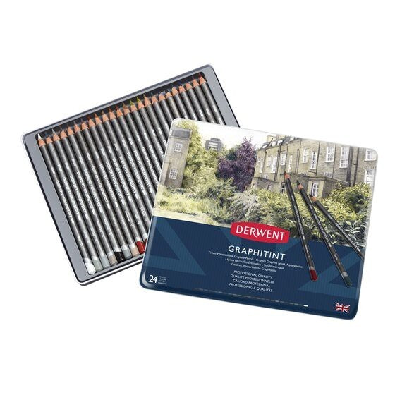 Derwent Graphitint Colour Pencils Tin (24 Colours) Water-Soluble Graphite Pencils