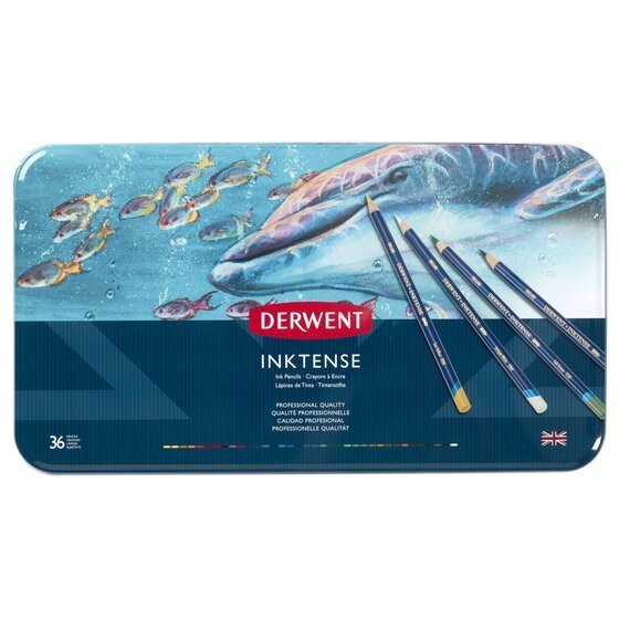 Derwent Inktense Colour Pencils Tin (36 Colours) Ink-Like Water-Soluble Pencils