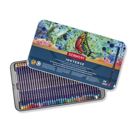 Derwent Inktense Colour Pencils Tin (36 Colours) Ink-Like Water-Soluble Pencils
