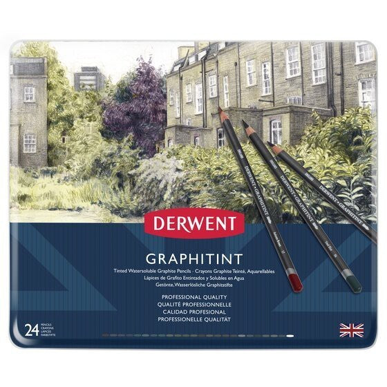 Derwent Graphitint Colour Pencils Tin (24 Colours) Water-Soluble Graphite Pencils