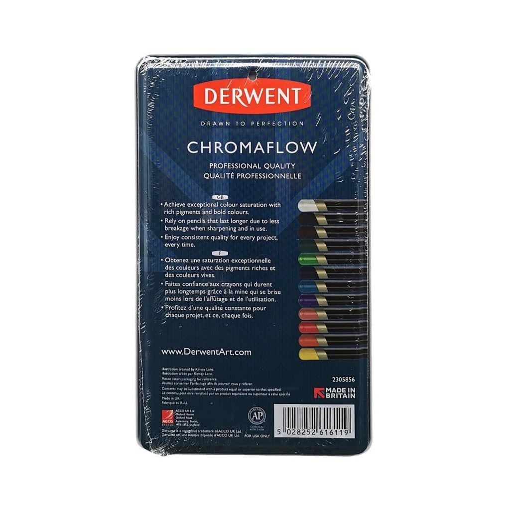 Derwent Chromaflow Colour Pencils Tin (12 Colours) – Vibrant Wax-Based Pencils