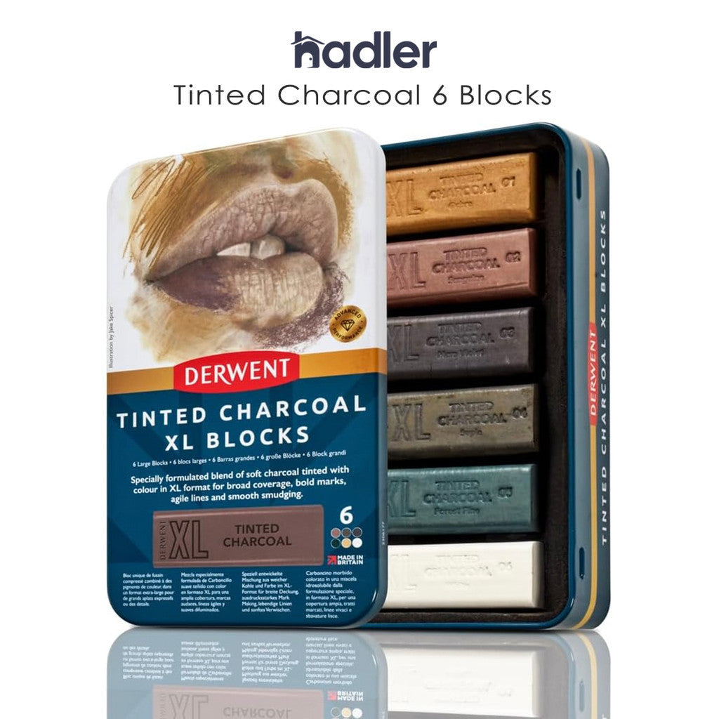 Derwent XL Charcoal 6-Colour Tin Set - Water-Soluble Blocks Large Surface Coverage