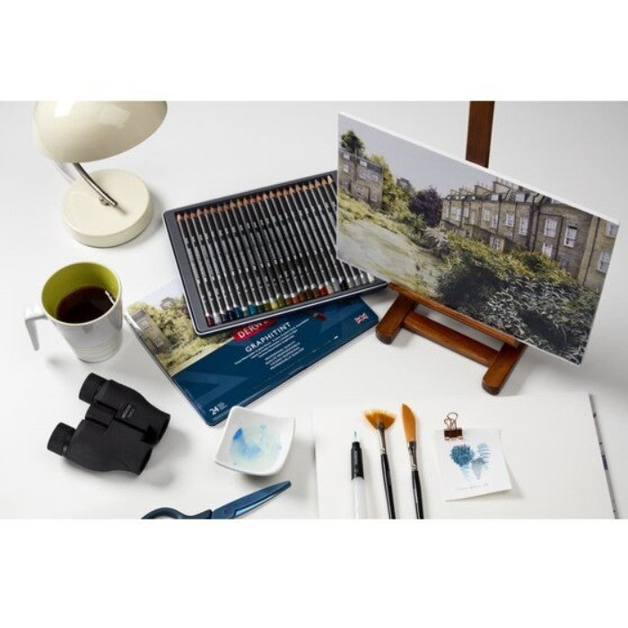 Derwent Graphitint Colour Pencils Tin (24 Colours) Water-Soluble Graphite Pencils