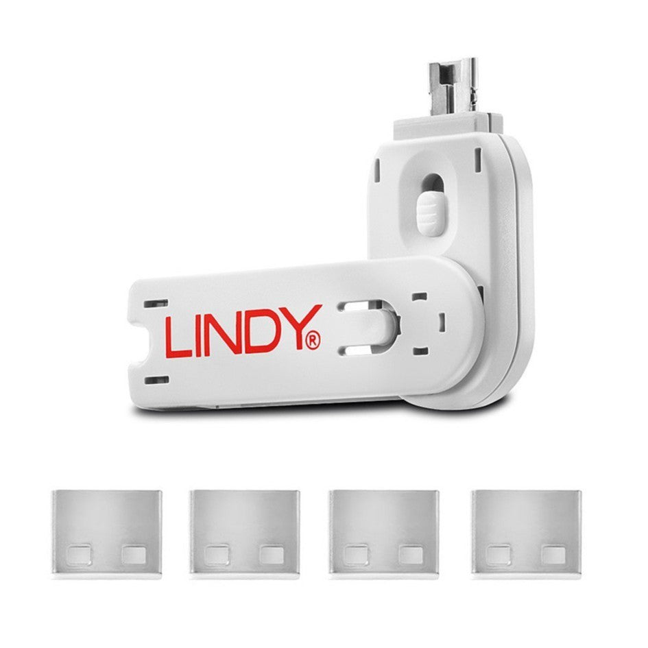 Lindy USB A Port Blocker Lock White 40454 (4 Locks + 1 Key) USB Security Kit