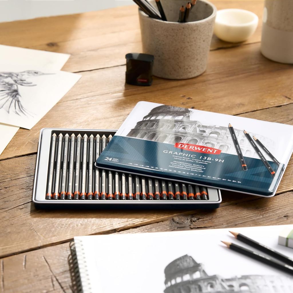 Derwent Graphic Full Set Graphite Pencils 24pc 9B to 9H - Made in UK Wide Range