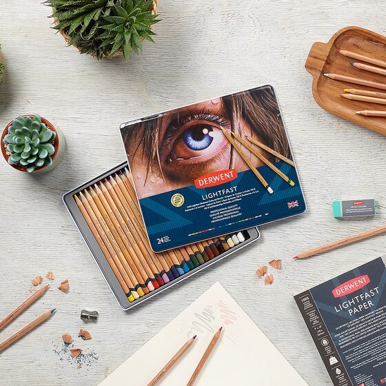 Derwent Lightfast Colour Pencils Tin (24 Colours) – Oil-Based Artist Pencils