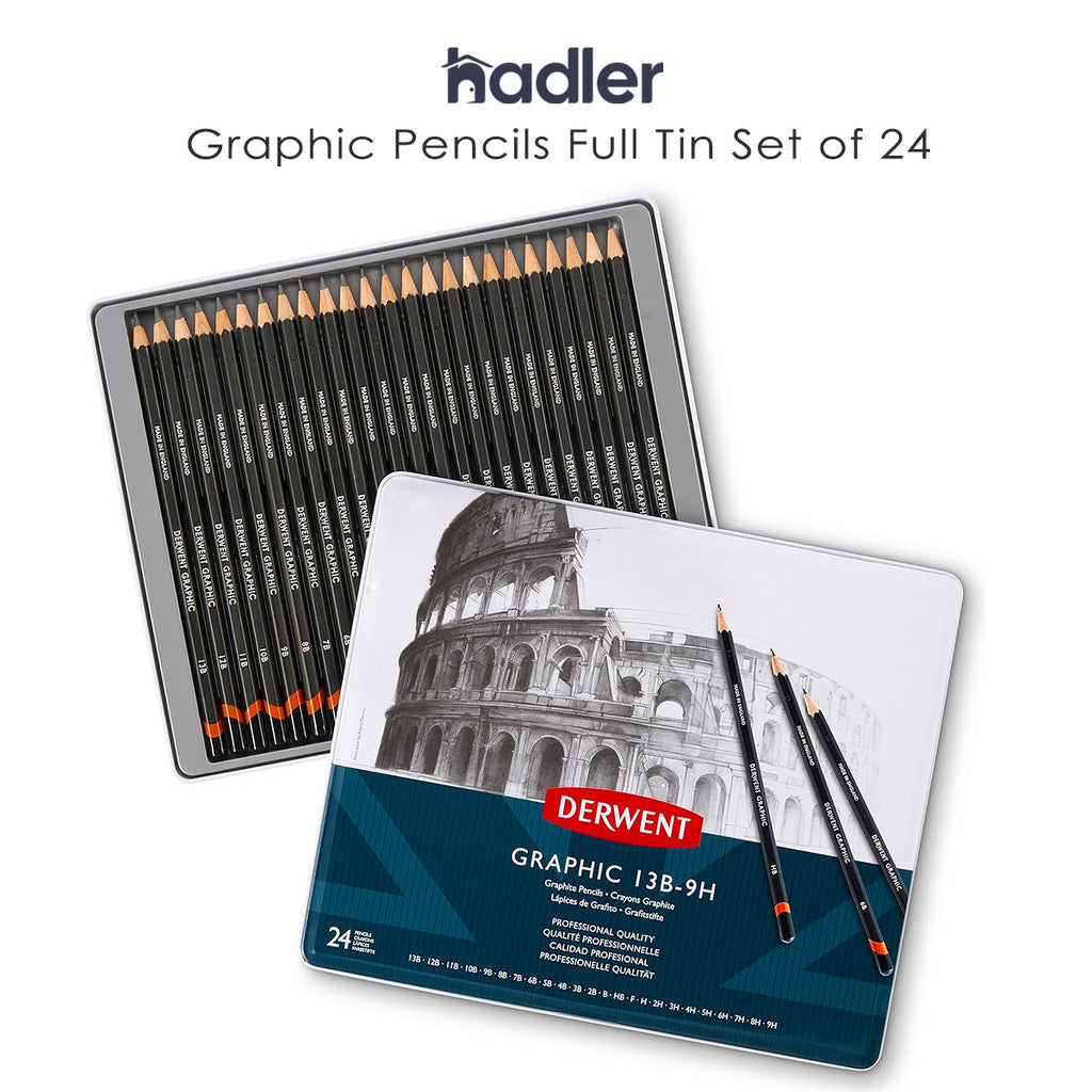 Derwent Graphic Full Set Graphite Pencils 24pc 9B to 9H - Made in UK Wide Range