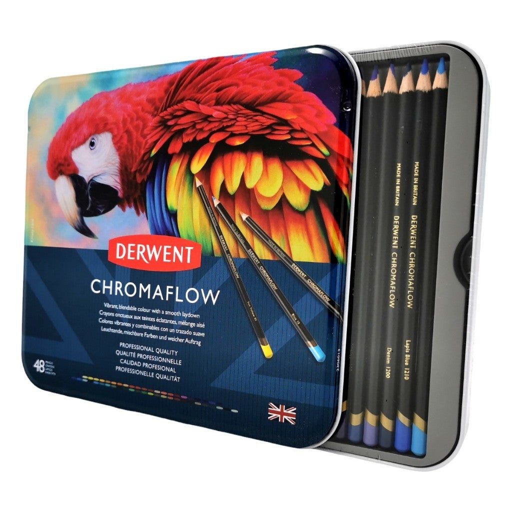 Derwent Chromaflow Colour Pencils Tin (48 Colours) Soft Core Highly Pigmented