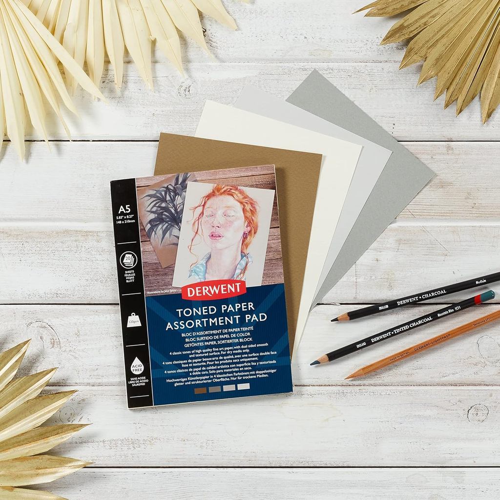 Derwent Toned Paper Pad A4 120gsm 20 Sheets - 4 Mid-Tone Colour Papers