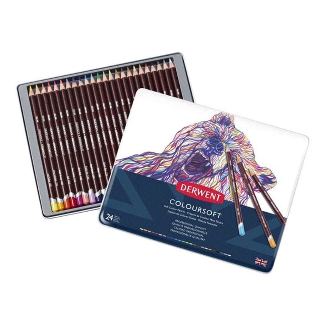 Derwent Coloursoft Colour Pencils Tin (24 Colours) – Bold Vibrant Pigments Beginner Set