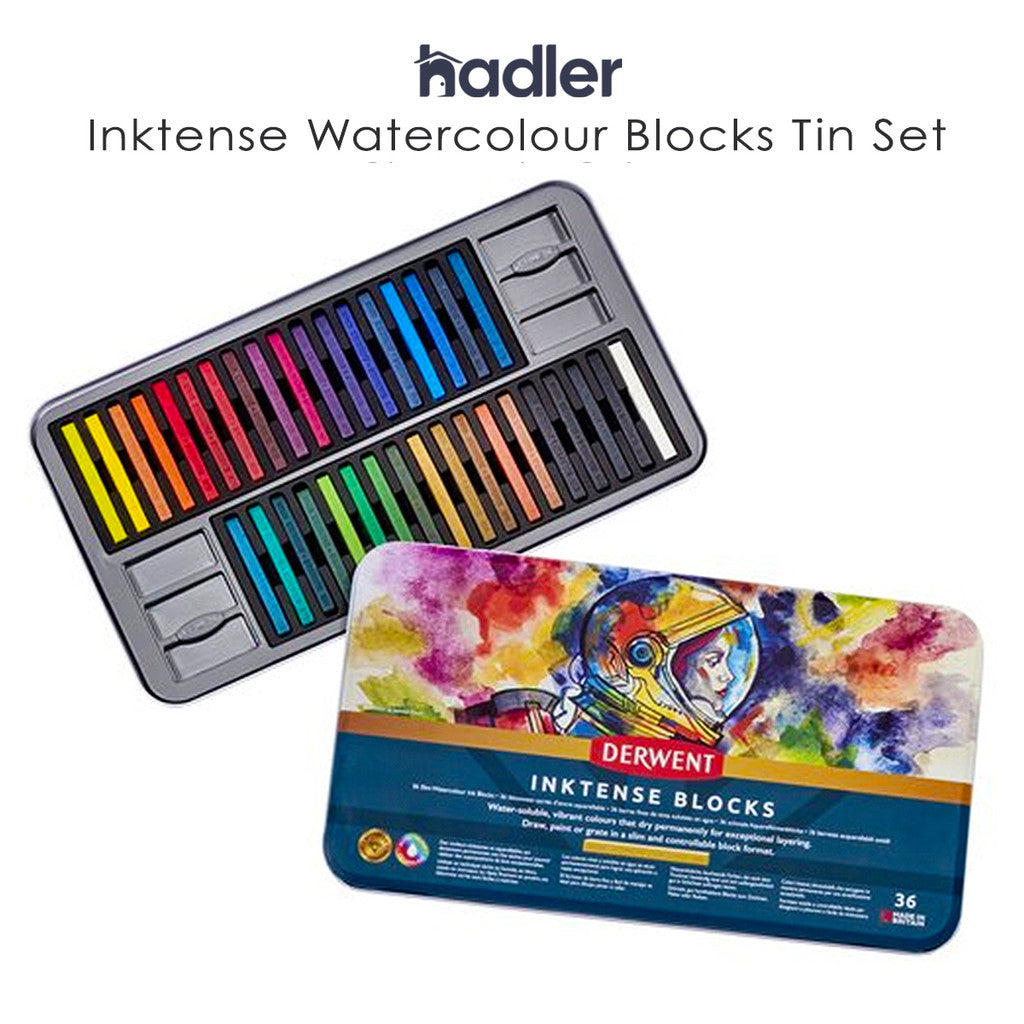 Derwent Inktense Blocks Tin (36 Colours) Water-Soluble Ink Blocks Bold Colour Laydown