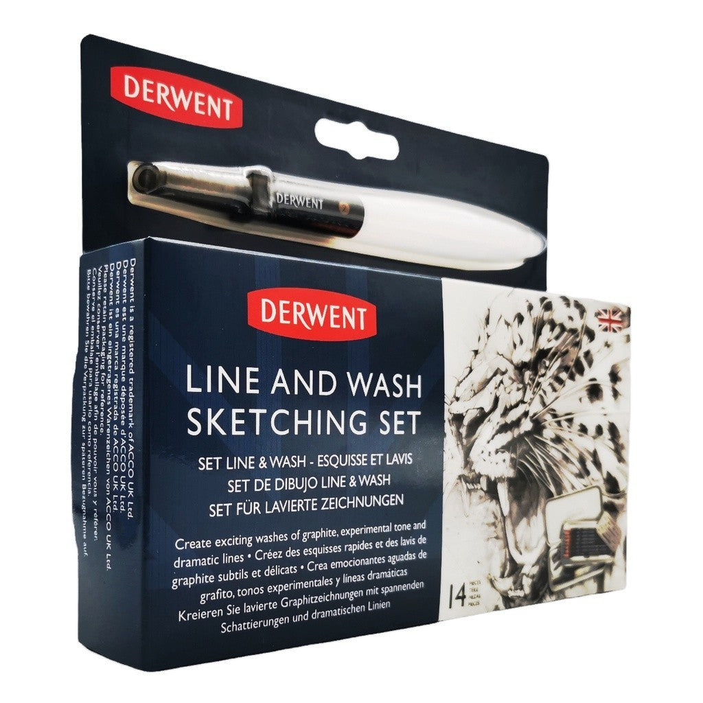 Derwent Line & Wash Sketching Set 14pc Graphic Pencils - Portable Lightweight Silver Tin