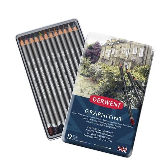 Derwent Graphitint Colour Pencils Tin (12 Colours) Water-Soluble Graphite Pencils