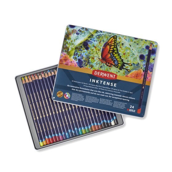 Derwent Inktense Colour Pencils Tin (24 Colours) Ink-Like Water-Soluble Pencils