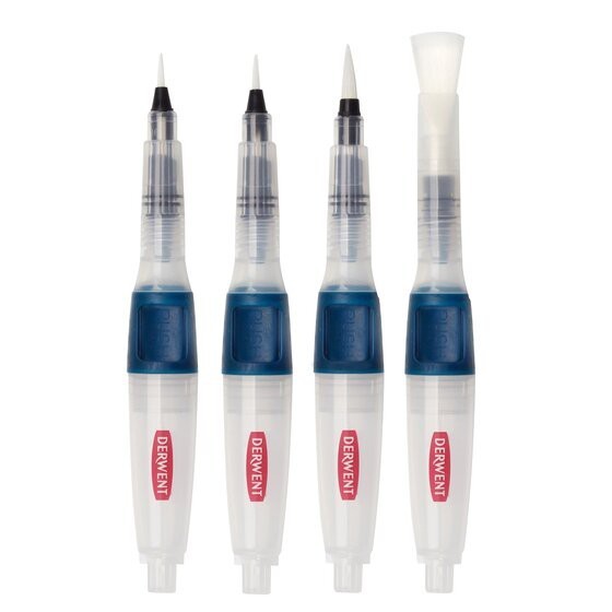 Derwent Push Button Waterbrush Set 4pc Assorted Tips - Portable Easy to Carry Lightweight